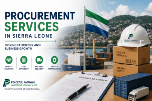Banner for procurement services in Sierra Leone showing a port scene, a hard hat on stacked boxes, and a purchase order form.